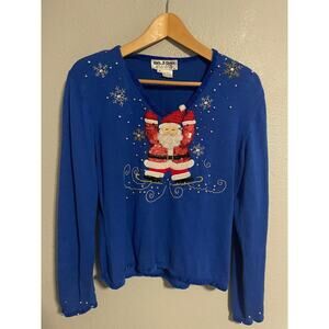 Vintage Jack B Quick Sweater Womens Medium Blue Santa Beaded Sequin Christmas